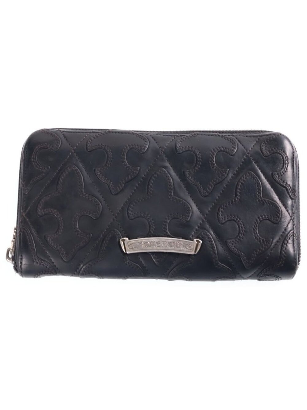 Chrome Hearts Rec Zip Quilted Wallet Cemetery Flare Patch Leather Black